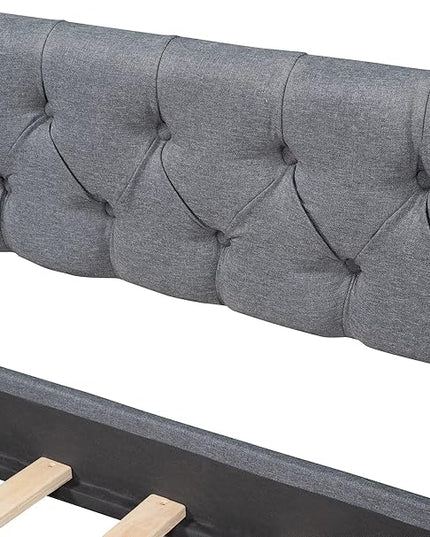 Twin Size Upholstered Linen Fabric Daybed with Two Drawers,Wooden Storage Bed Frame,W/Diamond-Tufted Backrest & 2 Armrests,Wood Slat Support,for Living Room Bedroom,Gray - LeafyLoom