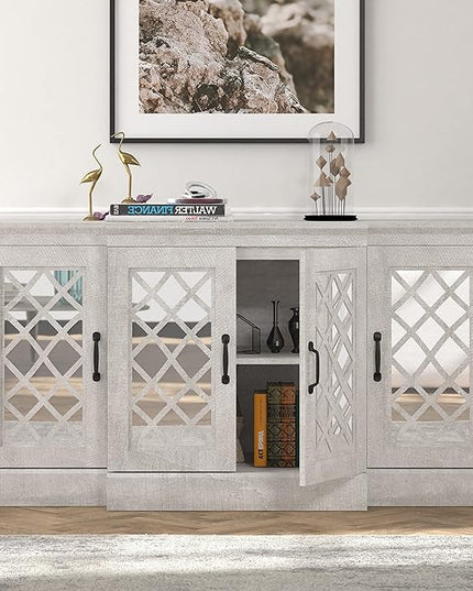Galano Millicent Wide Sideboard Buffet Cabinet, Kitchen Storage Cabinet with Acrylic Mirror Doors, Cupboard Console Table, Rustic Farmhouse Buffet Display for Coffee Bar, Dusty Grey Oak - LeafyLoom