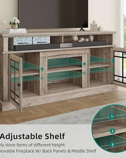 YITAHOME Modern TV Stand for 75 Inch TV with LED Lights, 32'' Tall Mid Century Modern TV Cabinet w/Adjustable Shelves & Glass Doors, Entertainment Center Media Console Table for Living Room, Grey Wash - LeafyLoom