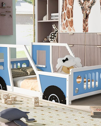 Twin Size Floor Bed for Kids, Race Car-Shaped Wooden Platform Montessori Bed Frame with Guardrail and Door for Boys Girls Child's Bedroom, Slats Included, No Spring Need (Blue) - LeafyLoom