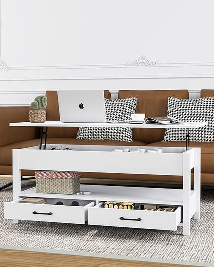 Panana Coffee Table, Lift Top Coffee Table with Hidden Compartment, 2 Drawers and 1 Open Shelf, Retro Central Wooden Table Lift Tabletop for Living Room (White) - LeafyLoom