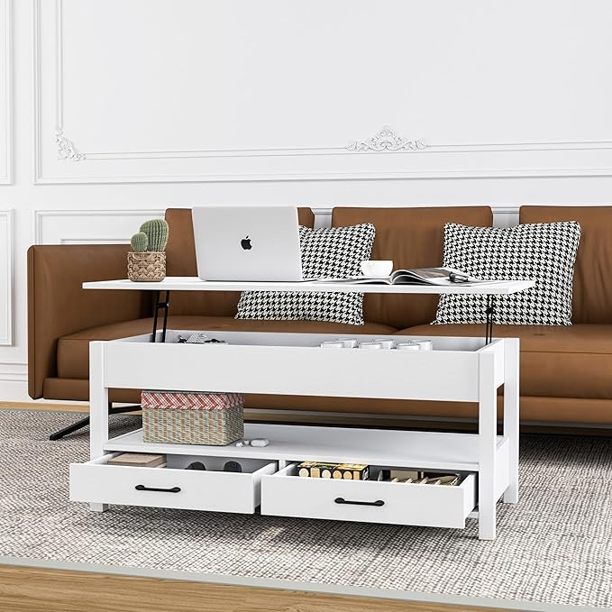 Panana Coffee Table, Lift Top Coffee Table with Hidden Compartment, 2 Drawers and 1 Open Shelf, Retro Central Wooden Table Lift Tabletop for Living Room (White) - LeafyLoom