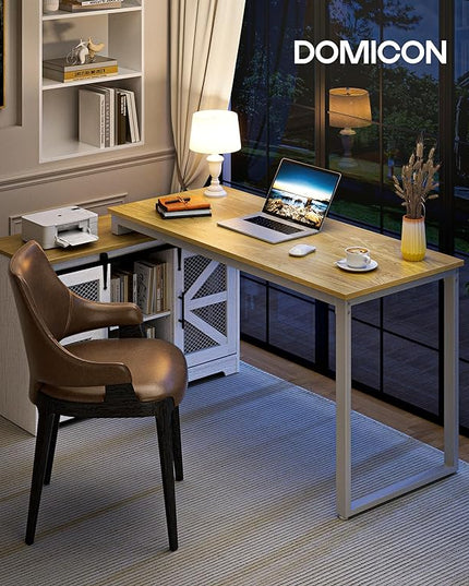 Rustic Corner Desk with Storage, L Shaped Farmhouse Office Desk with Sufficient Storage Capacity, Built-in Power Socket and Barn Door Design - LeafyLoom