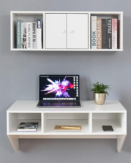 Wall Mounted Office Computer Desk and Floating Hutch Cabinet, White - LeafyLoom