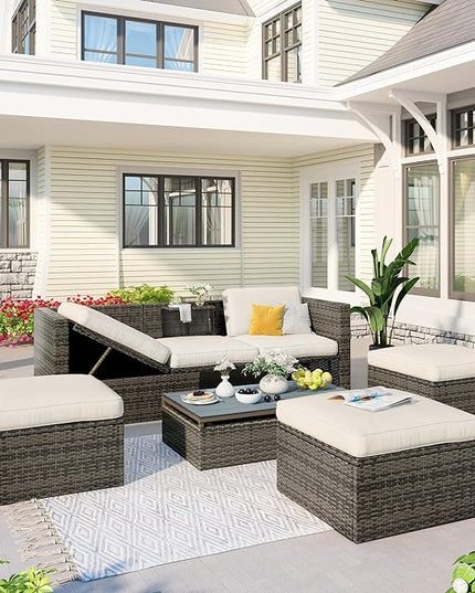 5 Pieces Patio Furniture Sets All Weather Wicker Rattan Sectional Sofa Outdoor Conversation with Adustable Backrest, Cushions, Ottomans and Lift Top Coffee Table for Poolside, Garden, Backyard - LeafyLoom