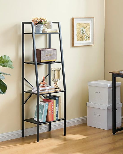 Hoctieon Ladder Shelf Bookcase, 4-Tier Ladder Bookshelf, Tall Bookshelf with Metal Frame, Industrial Bookshelf Ladder, for Living Room, Kitchen, Home Office, Bedroom, Simple Assembly, Black - LeafyLoom