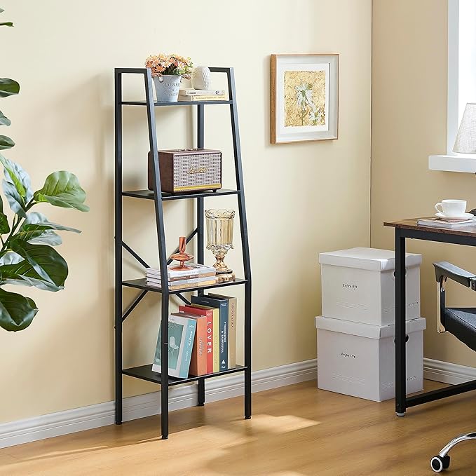 Hoctieon Ladder Shelf Bookcase, 4-Tier Ladder Bookshelf, Tall Bookshelf with Metal Frame, Industrial Bookshelf Ladder, for Living Room, Kitchen, Home Office, Bedroom, Simple Assembly, Black - LeafyLoom