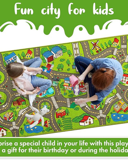 Kids Carpet Playmat City Life 3D Playroom Rug | 30 x 60 Inch Extra Large Toddler Activity Mat for Race Cars & Toys | Playroom Rug Makes a Fun Educational Gift Idea for Boys & Girls (Green) - LeafyLoom