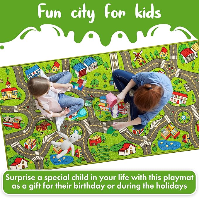 Kids Carpet Playmat City Life 3D Playroom Rug | 30 x 60 Inch Extra Large Toddler Activity Mat for Race Cars & Toys | Playroom Rug Makes a Fun Educational Gift Idea for Boys & Girls (Green) - LeafyLoom