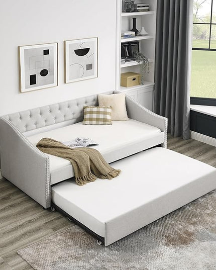 Upholstered Twin Size Daybed with Twin Trundle, Solid Wooden Bed Frame w/Button Tufted Backrest and Copper Nail on Waved Shape Arms, No Spring Box Need, Space-Saving Design - LeafyLoom