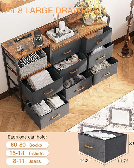 ODK Dresser with Charging Station, 52-Inch Long Dresser TV Stand for Bedroom, Large Dresser with 8 Storage Drawers, Chest of Drawers Easy-Pull Fabric Dressers for Living Room, Vintage and Dark Grey - LeafyLoom