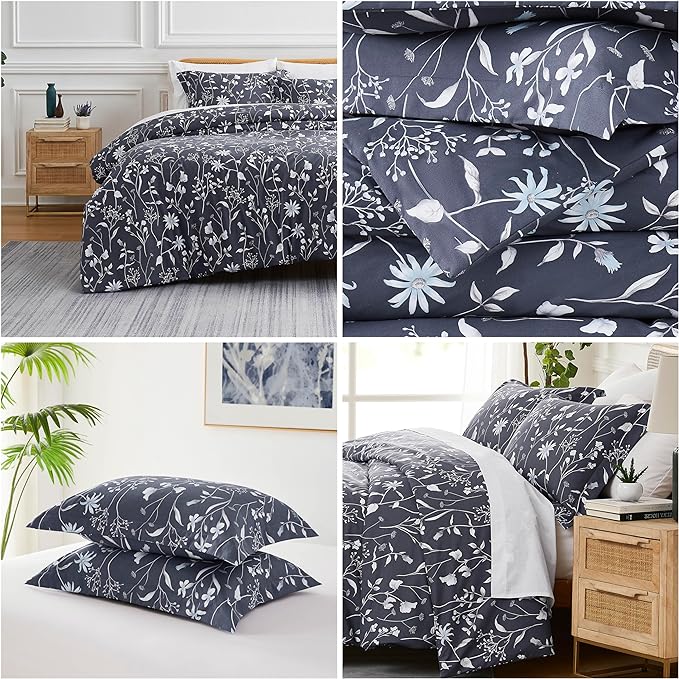 Southshore Fine Living, Inc. 3-Piece Oversized King Comforter Set, Down Alternative All-Season Comforter with Matching Shams, Soft Floral Bedspread for King or Cal King Beds, Secret Meadow Blue - LeafyLoom