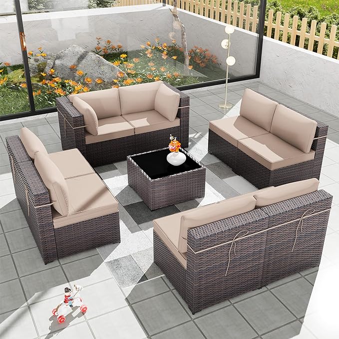 Patio Furniture Set 9PCS Outdoor Furniture for Backyard Wicker Sectional Sofa Set, Rattan Patio Conversation Set with Thickened Cushions and Glass Coffee Table, Sand - LeafyLoom