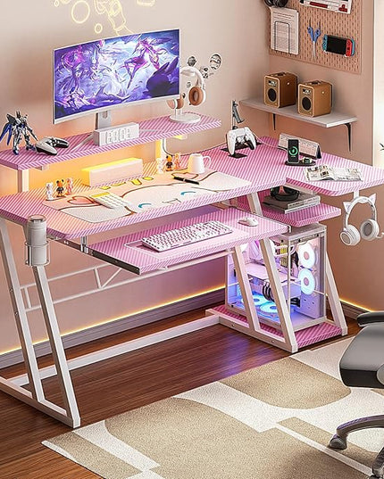 armocity Pink Gaming Desk with Shelves and Power Outlets, L Shaped Gaming Desk with LED Lights, Reversible L Shaped Computer Desk for Gaming, Gamer Desk with Monitor Stand, 47" - LeafyLoom