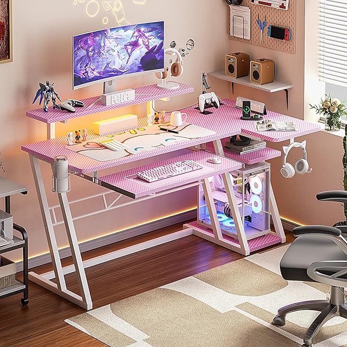 armocity Pink Gaming Desk with Shelves and Power Outlets, L Shaped Gaming Desk with LED Lights, Reversible L Shaped Computer Desk for Gaming, Gamer Desk with Monitor Stand, 47" - LeafyLoom