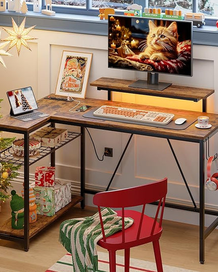 Bestier 52 Gaming Desk with Power Outlet & USB Ports,Reversible Small L Shaped Computer Desk with LED Strip & Headset Hooks,Corner Desk for Small Home Office Spaces,Bedroom Rustic - LeafyLoom
