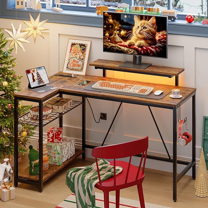 Bestier 52 Gaming Desk with Power Outlet & USB Ports,Reversible Small L Shaped Computer Desk with LED Strip & Headset Hooks,Corner Desk for Small Home Office Spaces,Bedroom Rustic - LeafyLoom