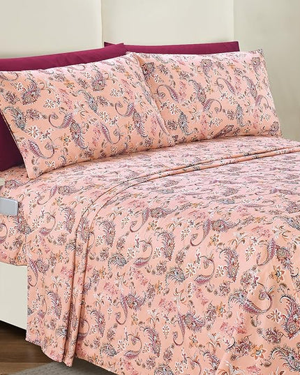 Elegant Comfort Softest and Coziest 6-Piece Sheet Set - 1500 Premium Hotel Quality Microfiber - Deep Pocket, Wrinkle Resistant 6-Piece Paisley Pattern Bed Sheet Set, Full, Paisley Coral - LeafyLoom