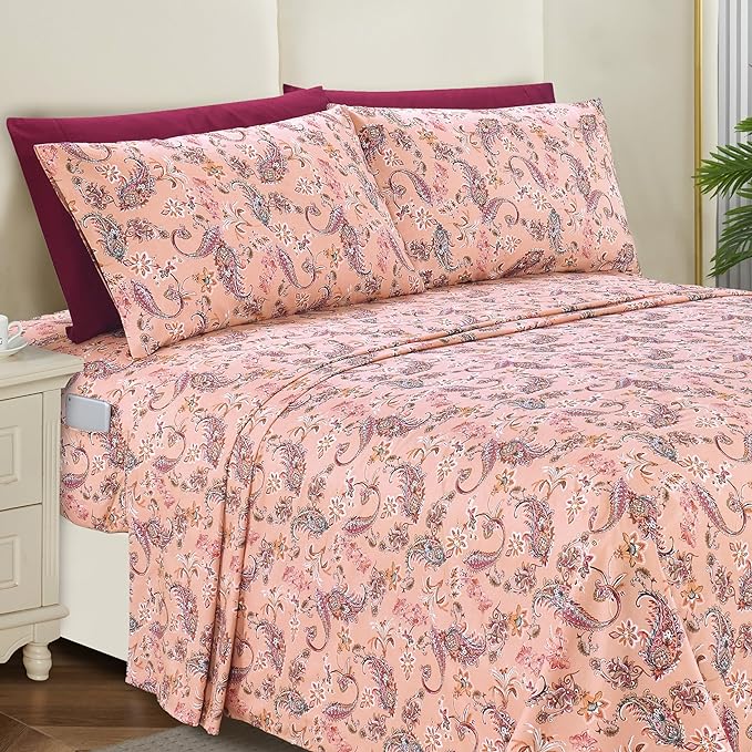 Elegant Comfort Softest and Coziest 6-Piece Sheet Set - 1500 Premium Hotel Quality Microfiber - Deep Pocket, Wrinkle Resistant 6-Piece Paisley Pattern Bed Sheet Set, Full, Paisley Coral - LeafyLoom