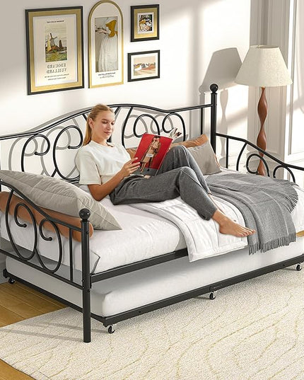 VECELO Twin Daybed with Trundle, Metal Day Bed with Classic Headboard, Multifunctional Platform Beds for Bedroom, Living Room, Guest Room, No Boxing Spring Needed, Black - LeafyLoom