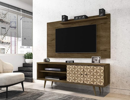 Manhattan Comfort Liberty Mid Century Modern TV Stand for Televisions up to 60 Inches, Bedroom and Living Room Entertainment Center with Storage, Shelves, and Cabinet, 63" Wide, Rustic Brown/3D Brown - LeafyLoom