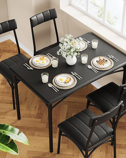 Kitchen Table and Chairs for 4, Dining Table Set for 4 with Upholstered Chairs, 5 Piece Rectangular Kitchen Table Set, Dining Room Table Set for Small Space, Apartment, Rustic Black - LeafyLoom