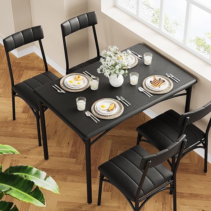 Kitchen Table and Chairs for 4, Dining Table Set for 4 with Upholstered Chairs, 5 Piece Rectangular Kitchen Table Set, Dining Room Table Set for Small Space, Apartment, Rustic Black - LeafyLoom