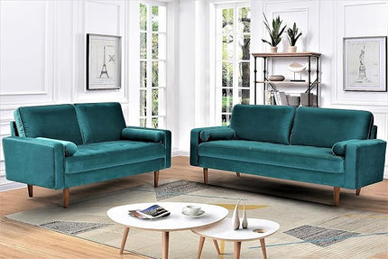US Pride Furniture Velvet 70" Sofa Couch, Iconic Mid-Century Style Living Room Furniture with Contemporary Silhouette, Button Tufting and Wood Legs, Includes 2 Bolster Pillows, Greenish Blue - LeafyLoom
