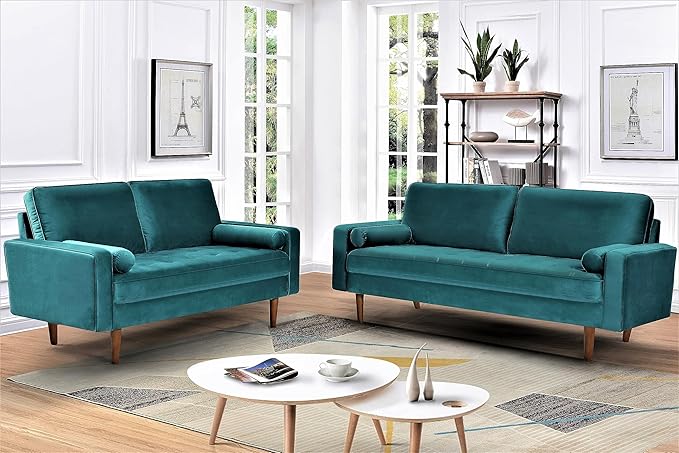 US Pride Furniture Velvet 70" Sofa Couch, Iconic Mid-Century Style Living Room Furniture with Contemporary Silhouette, Button Tufting and Wood Legs, Includes 2 Bolster Pillows, Greenish Blue - LeafyLoom