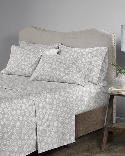Comfort Spaces Cotton Flannel Breathable Warm Deep Pocket Sheets with Pillow Case Bedding, Cal King, Grey Snowflakes 4 Piece - LeafyLoom