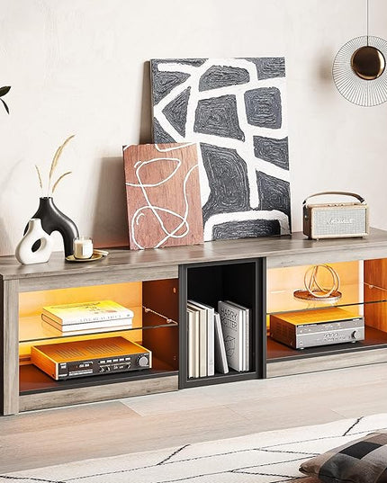 Bestier TV Stand for 70 inch TV, Gaming Entertainment Center for PS5, LED TV Cabinet with Glass Shelves for Living Room, 63'' Inch, Grey Wash - LeafyLoom