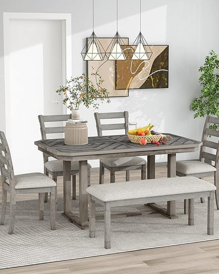 Rubber Wood Dining Table Set with Grain Pattern Tabletop and Soft Cushion for Family Kitchen, Gray - LeafyLoom