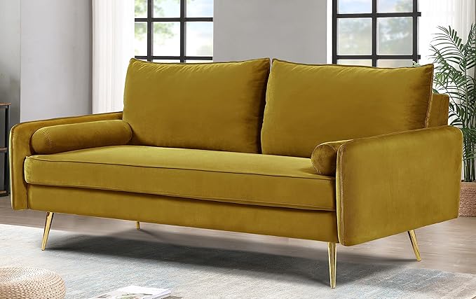 Kent Modern Sofa, European Style Velvet Living Room Furniture with Tapered Legs, Vintage Flair, and Sleek Design, Greenish Yellow - LeafyLoom