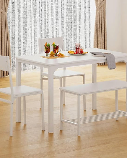 SogesHome 43.3'' Kitchen Dining Table Set for 4, 4 Piece Kitchen Table Bench Chairs Setfor 4, Space-Saving Table Set for Restaurant, Coffee Shop,White - LeafyLoom