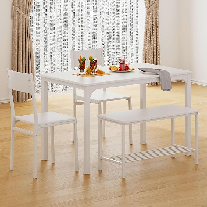 SogesHome 43.3'' Kitchen Dining Table Set for 4, 4 Piece Kitchen Table Bench Chairs Setfor 4, Space-Saving Table Set for Restaurant, Coffee Shop,White - LeafyLoom