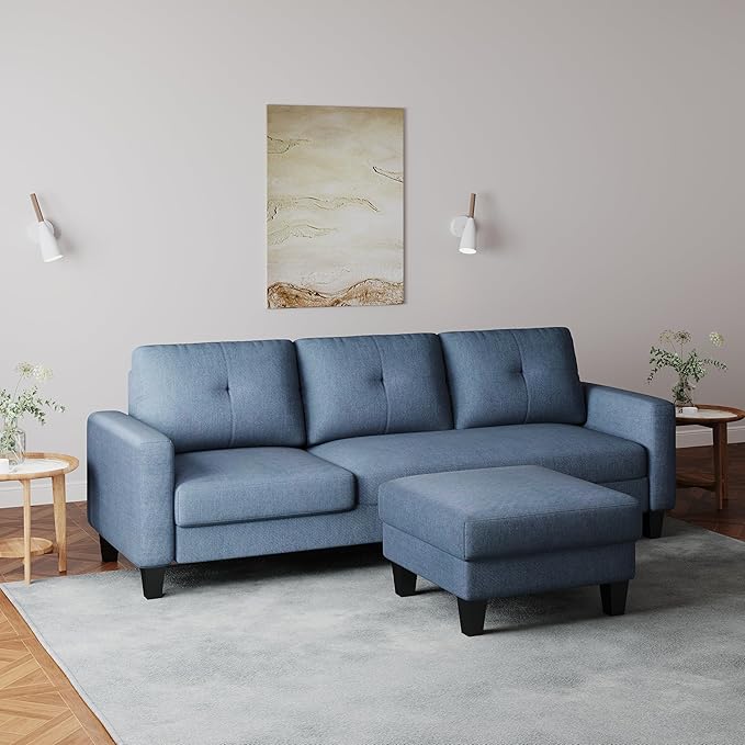 L Shaped Convertible Sectional Sofa, 3 Seater Linen Fabric Corner Couch with Reversible Chaise Movable Ottoman, Button Tufted Sofa&Couches for Small Apartments, Living Rooms and Offices - LeafyLoom