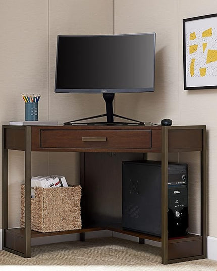 Leick Home Riley Holliday Computer Desk with Dropfront Keyboard Drawer, FURNITURE, Espresso/Gold - LeafyLoom