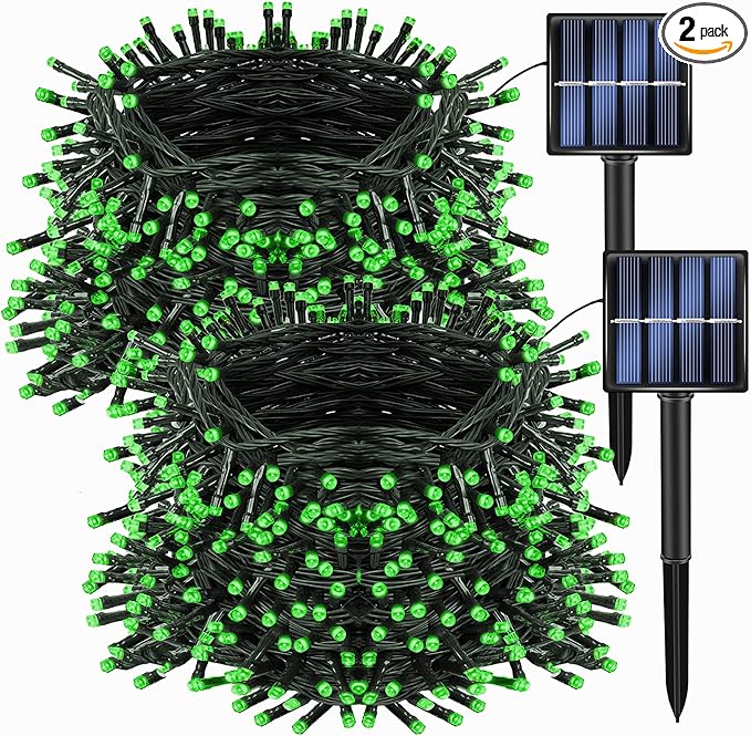Dazzle Bright 2 Pack Total 400LED 132FT Green Christmas Solar String Outdoor Lights, St. Patrick's Day Solar Powered with 8 Modes Waterproof Fairy Lights for Patio Garden Tree Party Yard Decoration DazzleBright