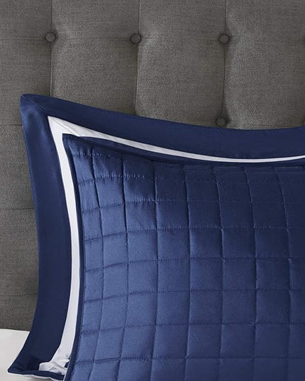 Madison Park Heritage Comforter Quilt Combo Set - Modern Luxury Design, All Season Down Alternative Bedding, Matching Shams, Decorative Pillows, King/Cal King(104"x92"), Color Block Navy 8 Piece - LeafyLoom