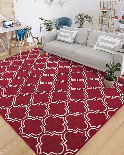 Chicrug Shag Geometric 7x10 Area Rug for Living Room, Large Modern Memory Foam Indoor Carpet, Fluffy Rug for Bedroom Bedside Room Decor for Family Girls Kids Nursery, Wine Red/White - LeafyLoom