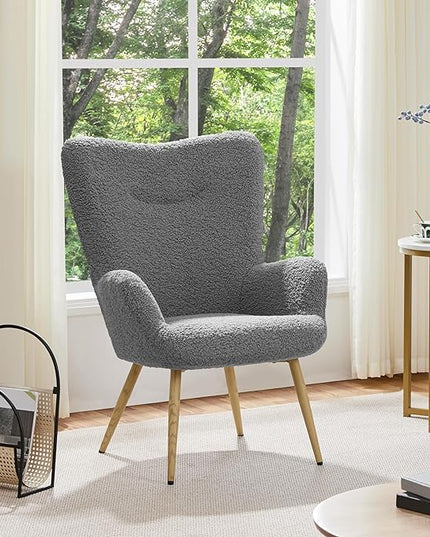 Yaheetech Boucle Accent Chair, Modern Fabric Armchair, Comfy Fluffy Barrel Chair, Reading Chair with High Folding Backrest and Metal Legs for Living Room/Bedroom/Home/Office, Gray - LeafyLoom