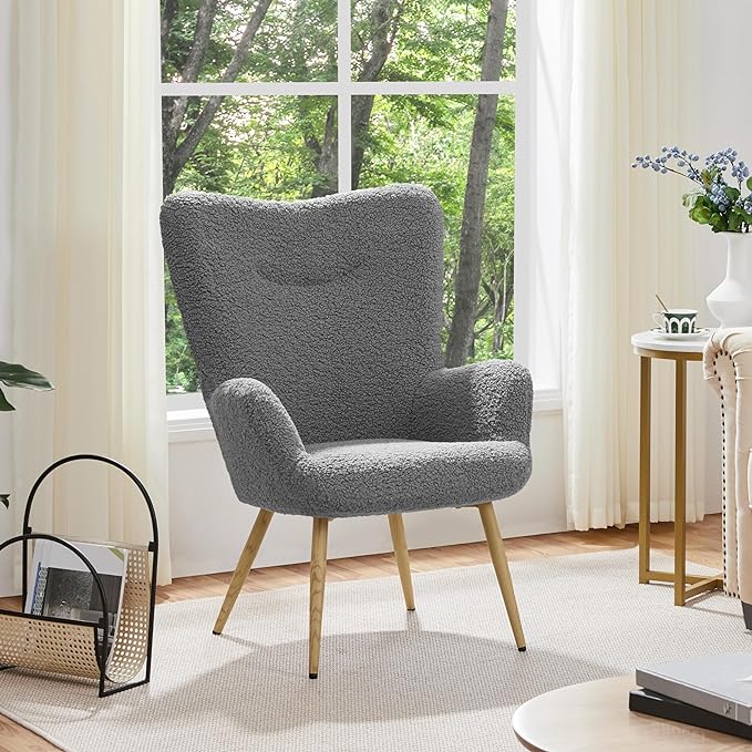 Yaheetech Boucle Accent Chair, Modern Fabric Armchair, Comfy Fluffy Barrel Chair, Reading Chair with High Folding Backrest and Metal Legs for Living Room/Bedroom/Home/Office, Gray - LeafyLoom