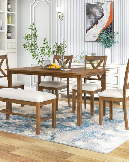 Dining Table Set for 6, Wood Rectangular Dining Table and 4 Fabric Chairs & Bench, 6-Piece Kitchen Table Set for Dining Room and Living Room, Natural Cherry - LeafyLoom