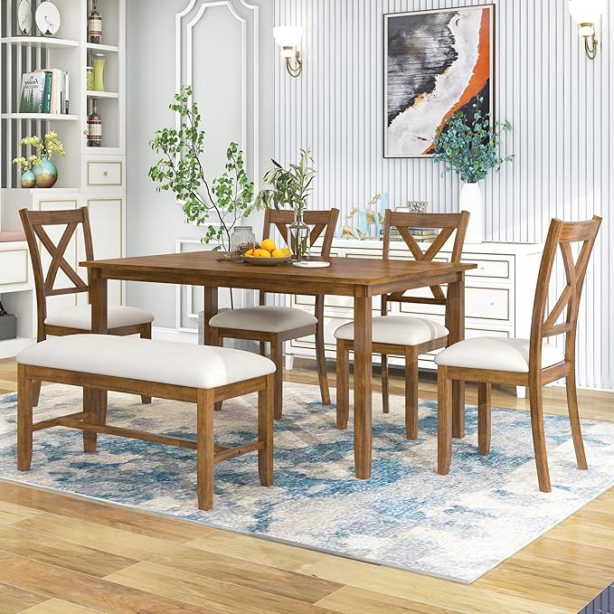 Dining Table Set for 6, Wood Rectangular Dining Table and 4 Fabric Chairs & Bench, 6-Piece Kitchen Table Set for Dining Room and Living Room, Natural Cherry - LeafyLoom