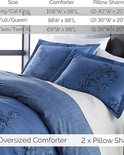 Southshore Fine Living, Inc. Twin Comforter Bedding Set, Down Alternative Floral Comforter with Matching Sham for Twin and Twin XL Beds, Reversible Print is 2 Colors in 1, Blue & White - LeafyLoom