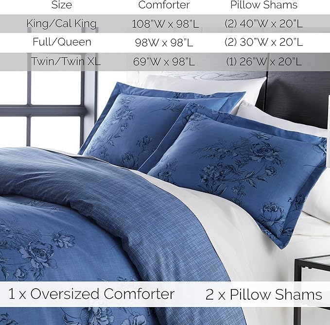 Southshore Fine Living, Inc. Twin Comforter Bedding Set, Down Alternative Floral Comforter with Matching Sham for Twin and Twin XL Beds, Reversible Print is 2 Colors in 1, Blue & White - LeafyLoom