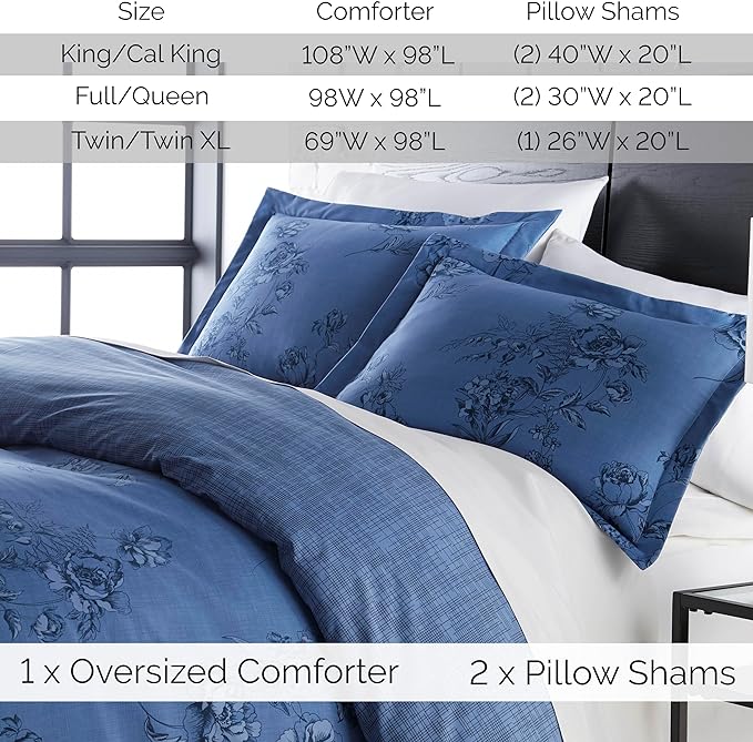 Southshore Fine Living, Inc. Oversized King Comforter Bedding Set, Down Alternative Floral Comforter with Matching Shams, Reversible Print is 2 Colors in 1, Fits King/Cal King Beds, Blue & White - LeafyLoom