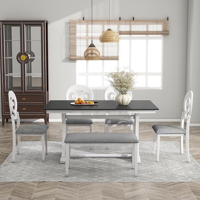 Mid-Century Trestle Victorian Round Upholstered 4 Chairs and Long Bench, Easy Assembly and Clean, Rubber Wood, Room, 6 Piece Dining Table Set, Antique White 1 - LeafyLoom