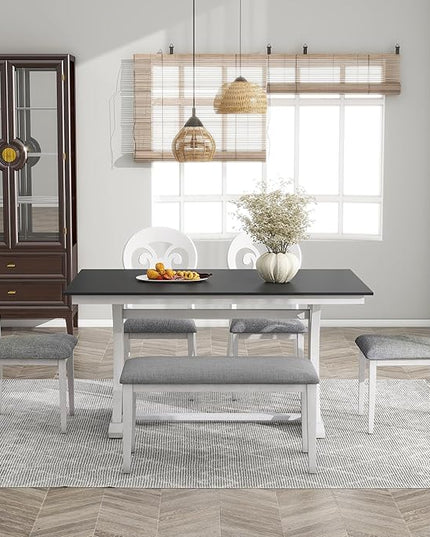 6-Piece Mid-Century Dining Set for 6, Trestle Table and 4 Elegant Victorian Round Back Chairs & Bench, for Kitchen Living Room, Gray+Antique White, 59.8" L x 35.8" W x 30" H - LeafyLoom