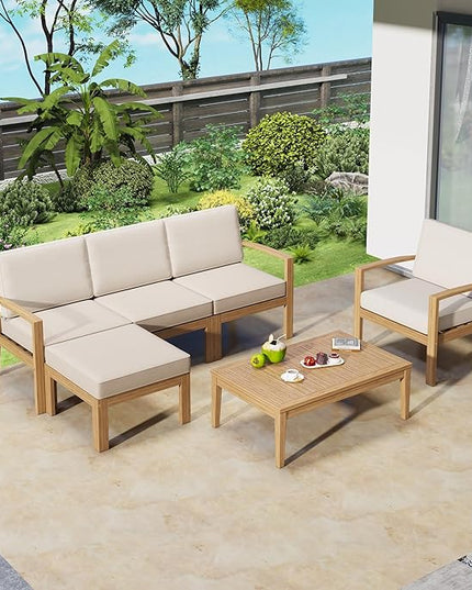 Merax 6-Piece Outdoor Sectional Conversation Sofa Seat Cushions Acacia Wood Frame Furniture Sets with Coffee Table and Ottoman for Garden Backyard Patio and Poolside, Beige - LeafyLoom